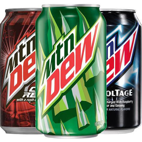 Mountain dew - Mountain Dew. 12 - 12 FL OZ (355 mL), Cans (Total Vol 144 FL OZ (4.26 L)) 012000809965. Nutrition. Ingredients. Allergens. About this Product. Company, Brand & Sustainability. Product Information Can Change At Any Time. Please Refer To Your Product Label For The Most Accurate Nutrition, Ingredient, Allergen And …